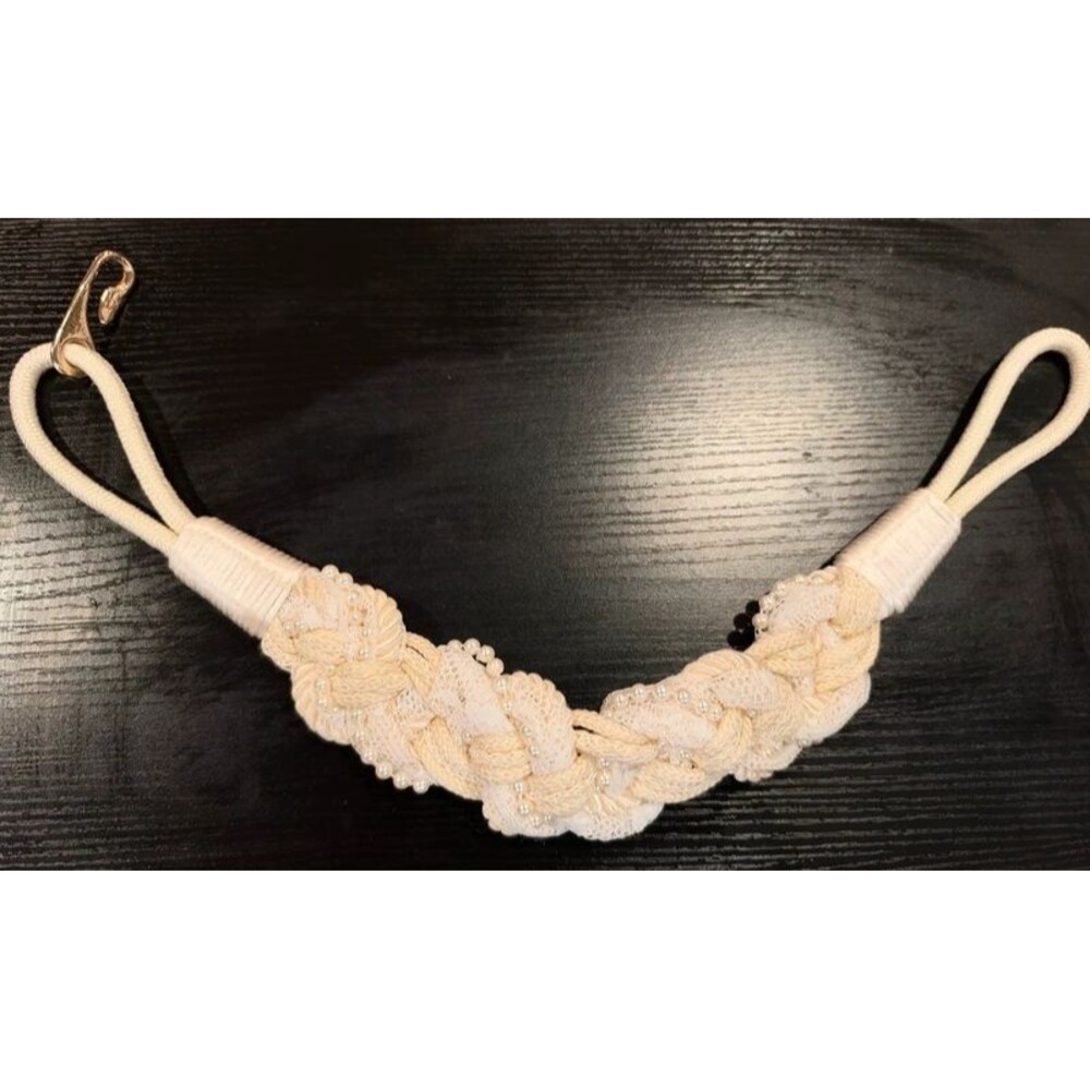 Vintage 80s 90s Ivory Braided Rope Belt Faux Pearl Lace Gold Hook Romantic